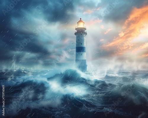 A solitary lighthouse casting a beam over stormy digital seas