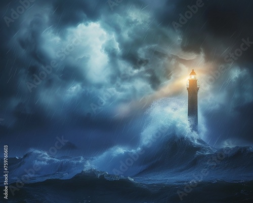 A solitary lighthouse casting a beam over stormy digital seas