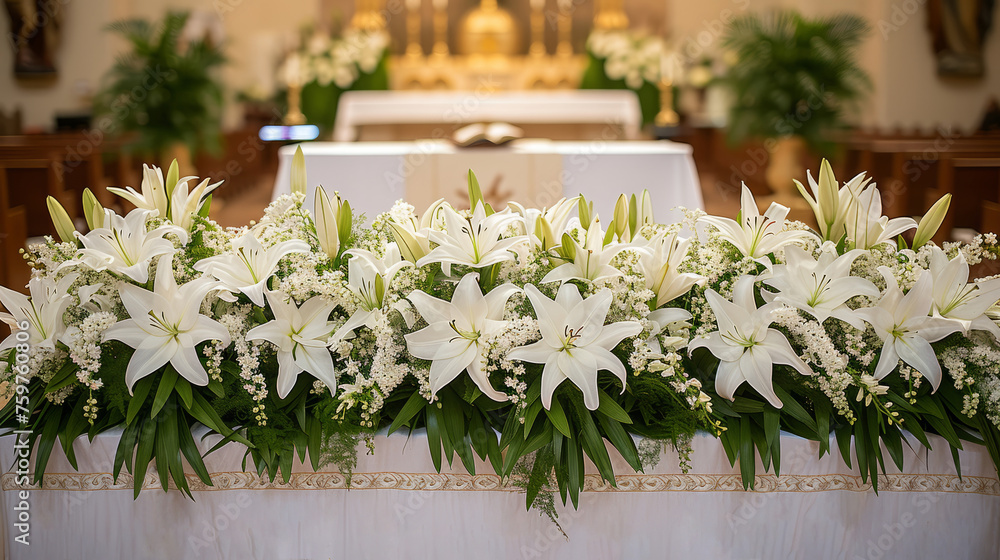 Elegant White Lilies Adorning an Altar in a Bright Chapel Elegant White Lilies Adorning an Altar in a Bright Chapel