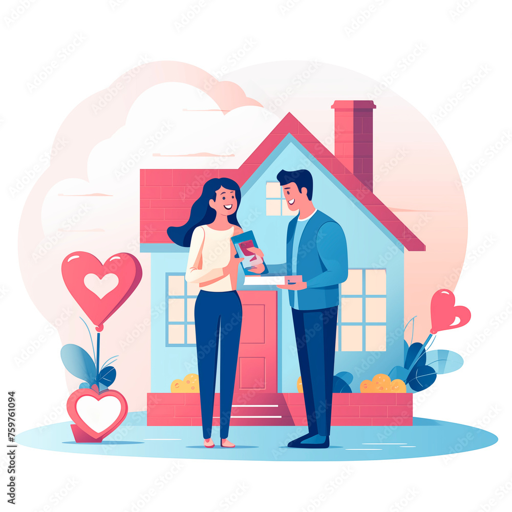 couple buying a new house - clean simple design - real estate agent mortgage market illustration. couple buying a new house - clean simple design - real estate agent mortgage market illustration.