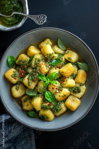 Succulent gnocchi in pesto sauce garnished with red pepper flakes, presented in a rustic bowl