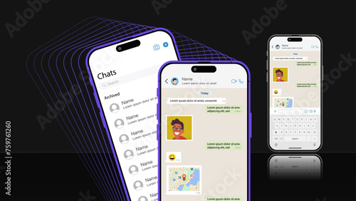 Smartphone with a social messenger app featuring a UI and UX concept. Vector chatting screen in mobile communication illustration. Chat app template. Vector.