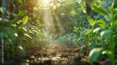 wide cinematic shot of a seed plant in a large garden photo