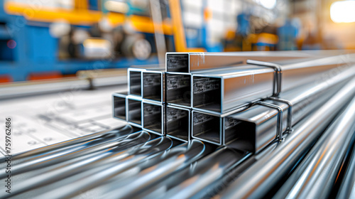 Industrial Might in Metal: Steel Tubes and Profiles Stacked in a Warehouse, Highlighting Construction Materials