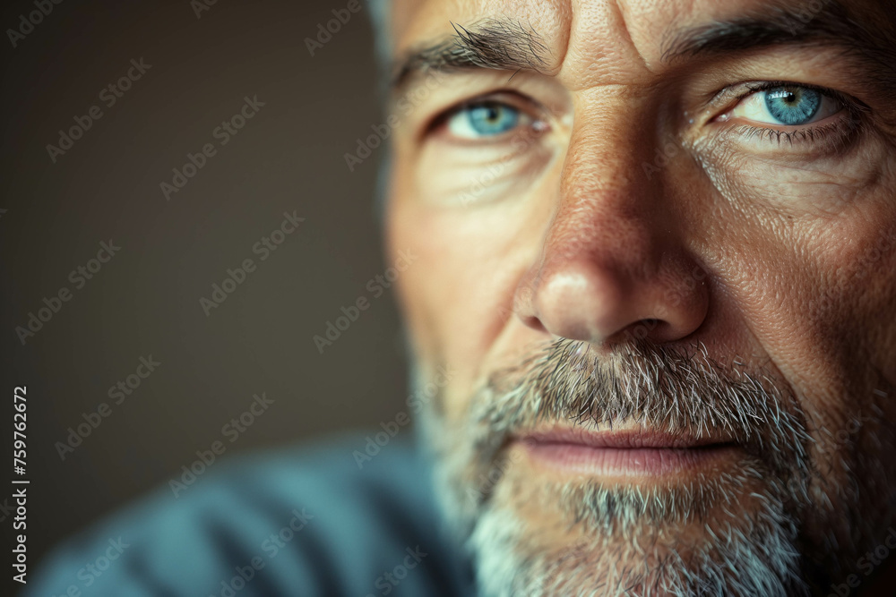 Close-up portrait of an attractive mature man with blue eyes and gray hair looking straight at the camera with copy space Close-up portrait of an attractive mature man with blue eyes and gray hair looking straight at the camera with copy space