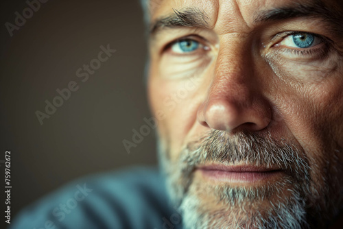 Close-up portrait of an attractive mature man with blue eyes and gray hair looking straight at the camera with copy space