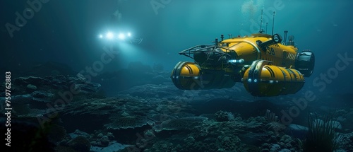 Submersible Voyage in Deep Sea, advanced submersible vehicle equipped with powerful lights embarks on an exploratory mission, illuminating the uncharted depths and complex terrain of the ocean floor