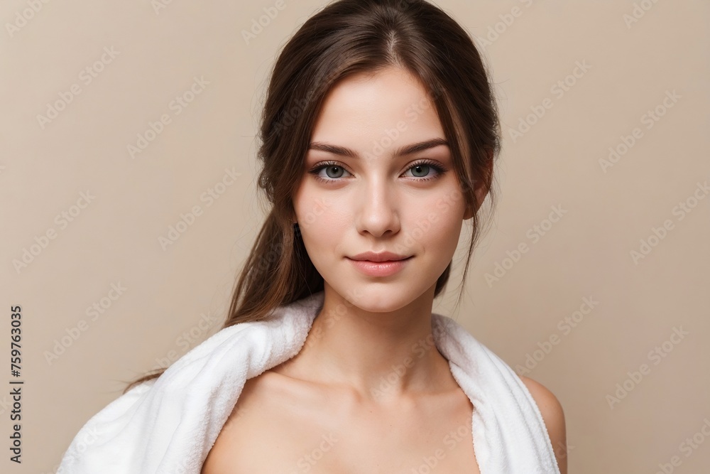 Beautiful young woman with a towel on a beige background with copy space. Beautiful young woman with a towel on a beige background with copy space.