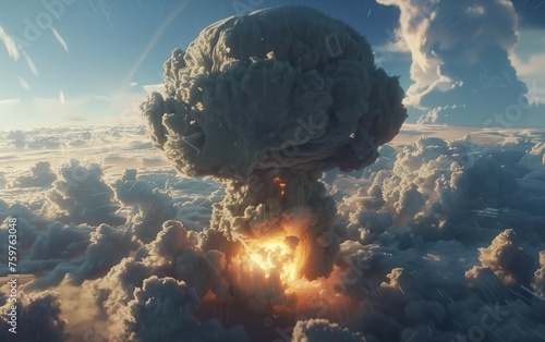Apocalyptic Vision, A dramatic of a massive explosion, likely a nuclear detonation, towering over a vast cloud landscape under a stormy sky, invoking themes of apocalypse, power, and transformation photo