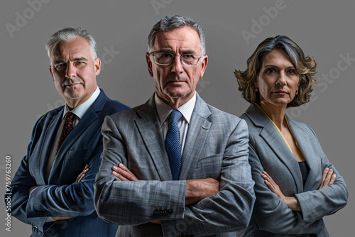 Three confident business executives in suits, standing with arms crossed, in a serious professional portrait.