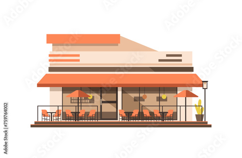 restaurant,Summer cafe shop with outdoor terrace and table with chairs. Street restaurant building facade in flat design. City constructor element