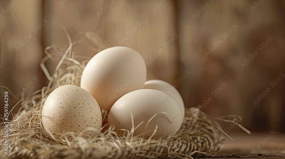 raw organic farm eggs arranged artfully, with ample copy space for branding or messaging, in a realistic photograph. raw organic farm eggs arranged artfully, with ample copy space for branding or messaging, in a realistic photograph.