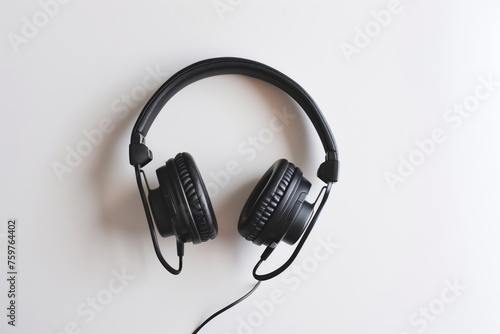 Over-the-ear black headphones with cable on a plain white background, minimalist audio concept