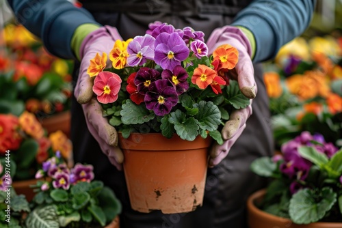 Planting vibrant flowers close-up terracotta pot in hands