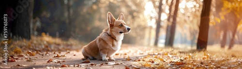 Corgi dog sitting in the park among orange leaves in the autumn season with warm sunlight