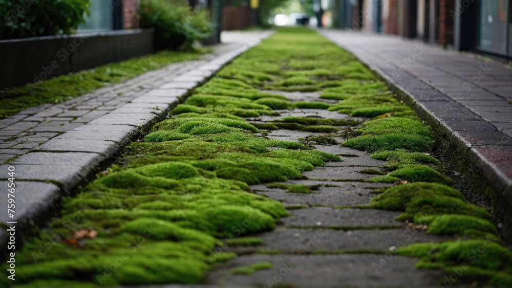 Moss-Blanketed City Sidewalk, Nature's Touch Amidst Concrete Jungle, Amidst the urban sprawl, a serene scene unfolds as moss blankets the city sidewalk, offering a glimpse of nature's resilience