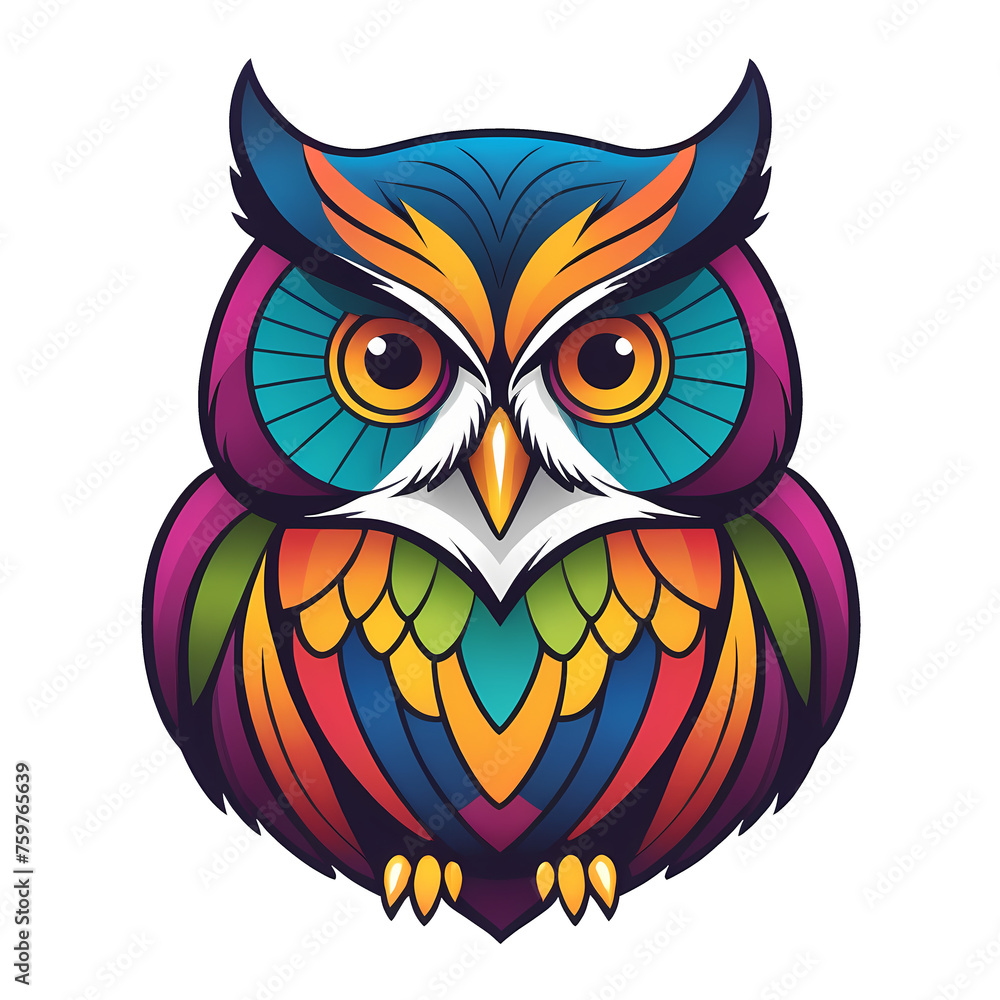 Colorful logotype of a drawn owl on a transparent background