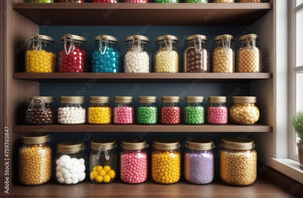 custom made wallpaper toronto digitalKitchen shelves filled with glass jars with various candies near the window