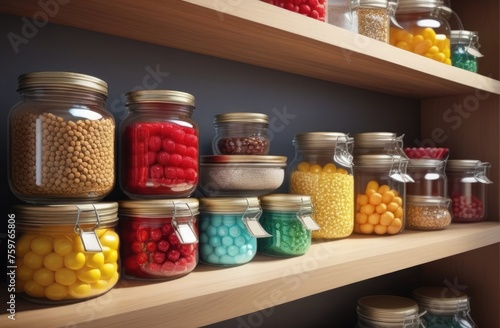 Kitchen shelves filled with glass jars with various sweets. Close-up