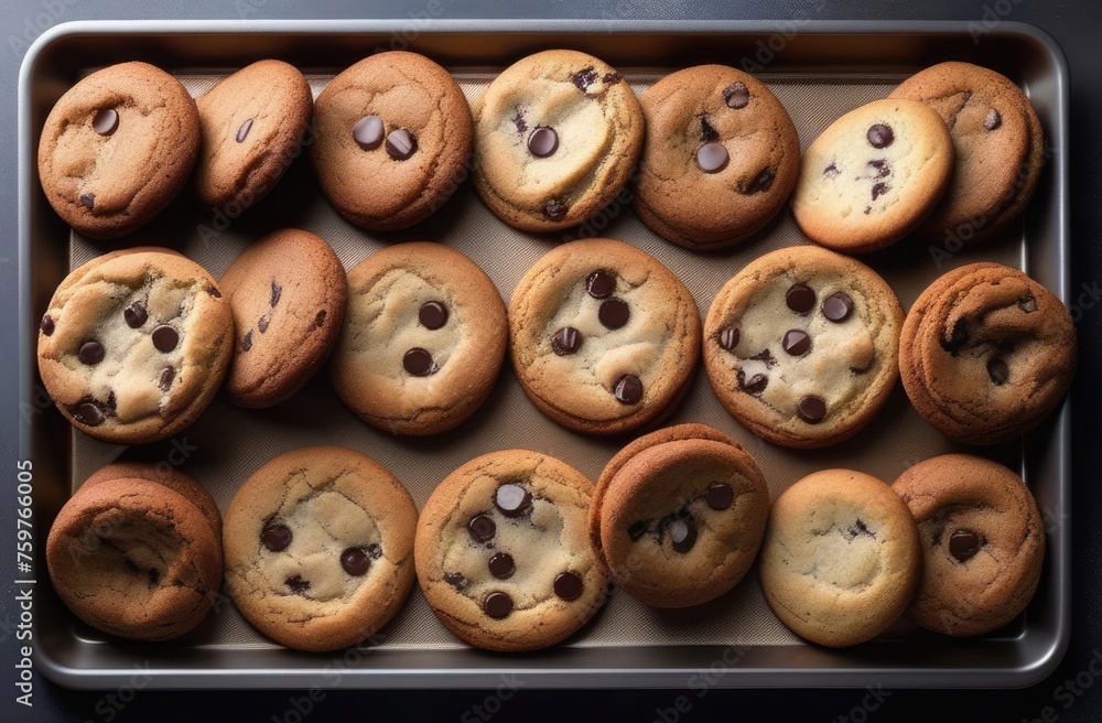 Obraz premium View from above. Freshly baked American cookies with chocolate chips on the oven rack