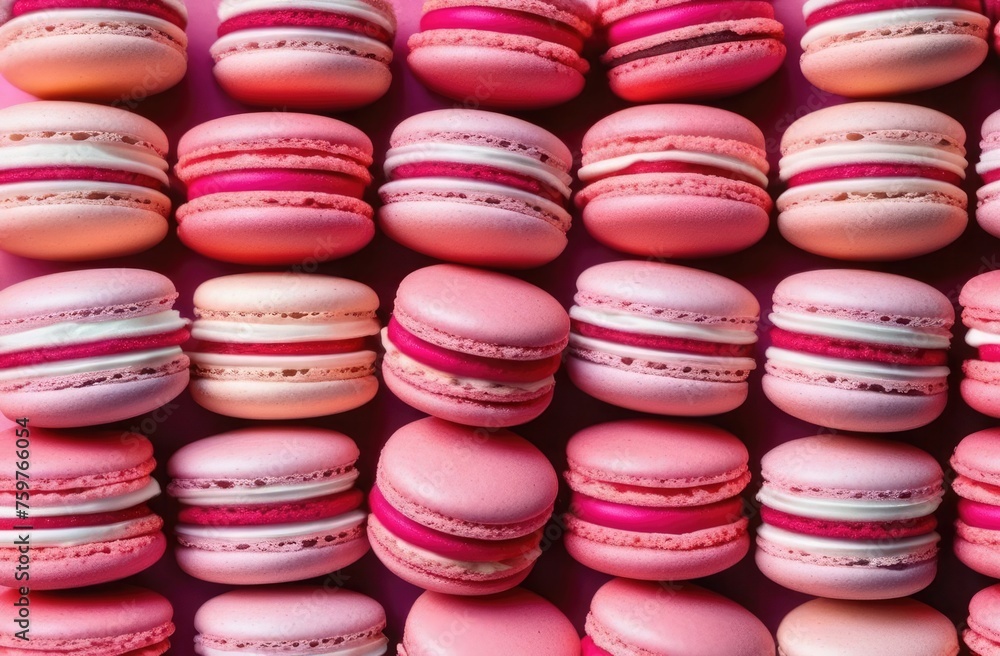 Fototapeta premium Banner. Top view of many, evenly arranged, pink macarons on pink background