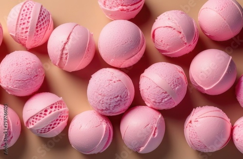 Banner. Top view of many pink ice cream balls on beige background. Pastry shop concept