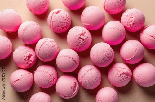 Banner. Top view of many balls of pink ice cream on beige background