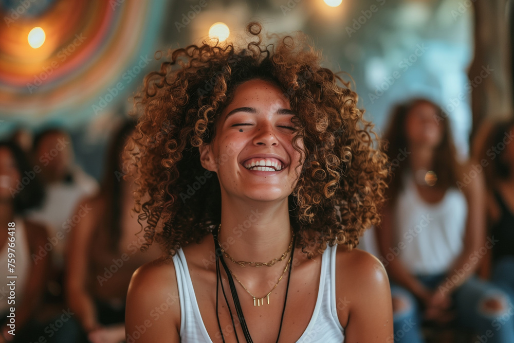 A person participating in a laughter yoga class to boost mood and relieve stress . A caucasian woman with curly hair is laughing with her eyes closed in front of a group of people in a class