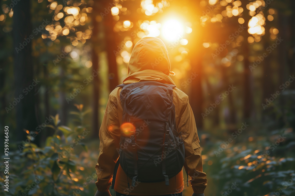 A person participating in a therapeutic nature walk to connect with the healing power of the outdoors. A person with a backpack is walking through a forest at sunset - obrazy, fototapety, plakaty 