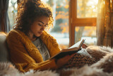 A person journaling their thoughts and feelings in a cozy, sunlit Young woman sitting on a cozy couch, enjoying leisure time with a book in hand wearing knitted sweater on a sunny day