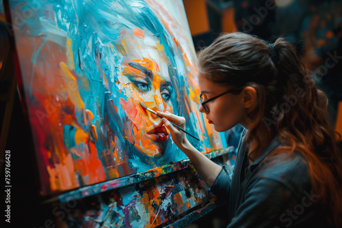 A person painting or drawing as a form of art therapy to express emotions. Young caucasian female Artist paints portrait of a woman on canvas using bright colours © ivlianna