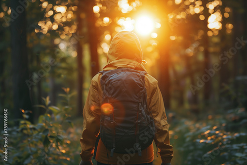 A person participating in a therapeutic nature walk to connect with the healing power of the outdoors. A person with a backpack is walking through a forest at sunset photo