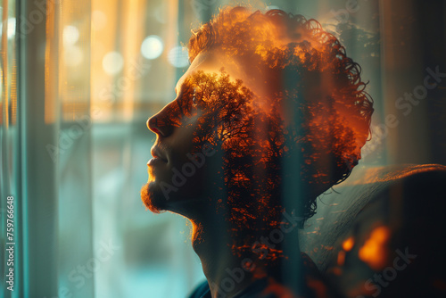 A person receiving EMDR therapy to process and heal from past traumas. A man with curly hair is looking out of a window and imagining walk in a forest and beauty of nature