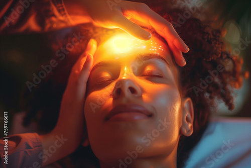 A person receiving EMDR therapy to process and heal from past traumas. A woman is receiving a healing treatment on her head to help her cope with stress and tensions photo