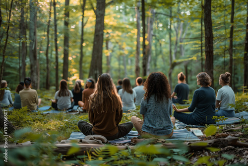 A psychologist leading a discussion on mindfulness-based stress reduction techniques. Group practicing yoga in a circle among trees and grass in natural landscape photo