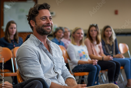 A psychologist leading a discussion on mindfulness-based stress reduction techniques. A group of people are sitting in chairs in a room and listening to a lecture in a classroom smiling