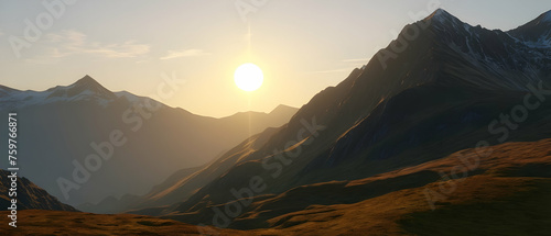 Majestic Peaks at Sunrise. Towering mountains bathed in the warm, detailed glow of a dawn sky.