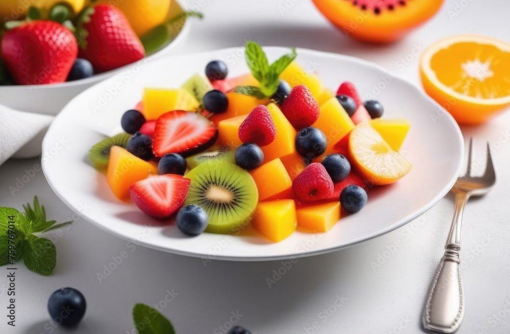 Fruit salad on a white plate. Healthy breakfast concept Fruit salad on a white plate. Healthy breakfast concept