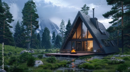 an A-frame house among a coniferous forest so that their foliage frames the structure and creates a seamless integration with the surrounding environment. Complex details like A's house. photo