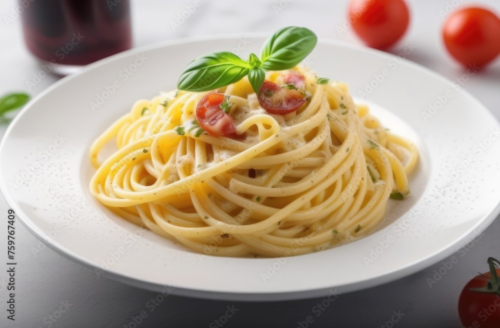 Fragrant carbonara pasta in a white vein, photo for restaurant menu