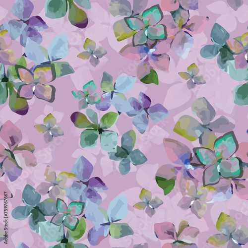 vector, seamless repeat pattern of colorful hydrangea bloom on pink background