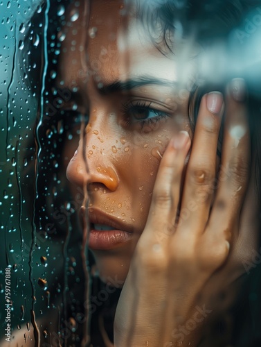Beautiful young woman behind a wet window at a rainy day. Waterpdrops on the window. The woman is sad. 