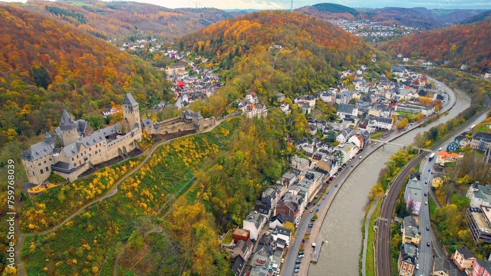 Aerial view of the old town and castle Altena in Germany on a cloudy noon in autumn	