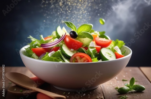 Flying vegetable salad on a stylish plate on a gray background with smoke and a wooden spoon on the table