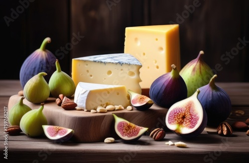 Composition on a wooden background with various types of cheese, figs and nuts, snacks for wine