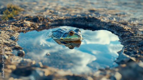 A contemplative frog gazes from a tranquil puddle, mirroring the sky in its miniature watery world.