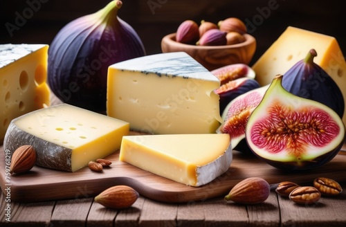 Composition on a wooden background with various types of cheese, figs and nuts
