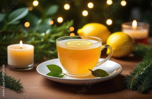 Fragrant tea with lemon stands on the table in a romantic atmosphere with a candle, greenery and garland in the background