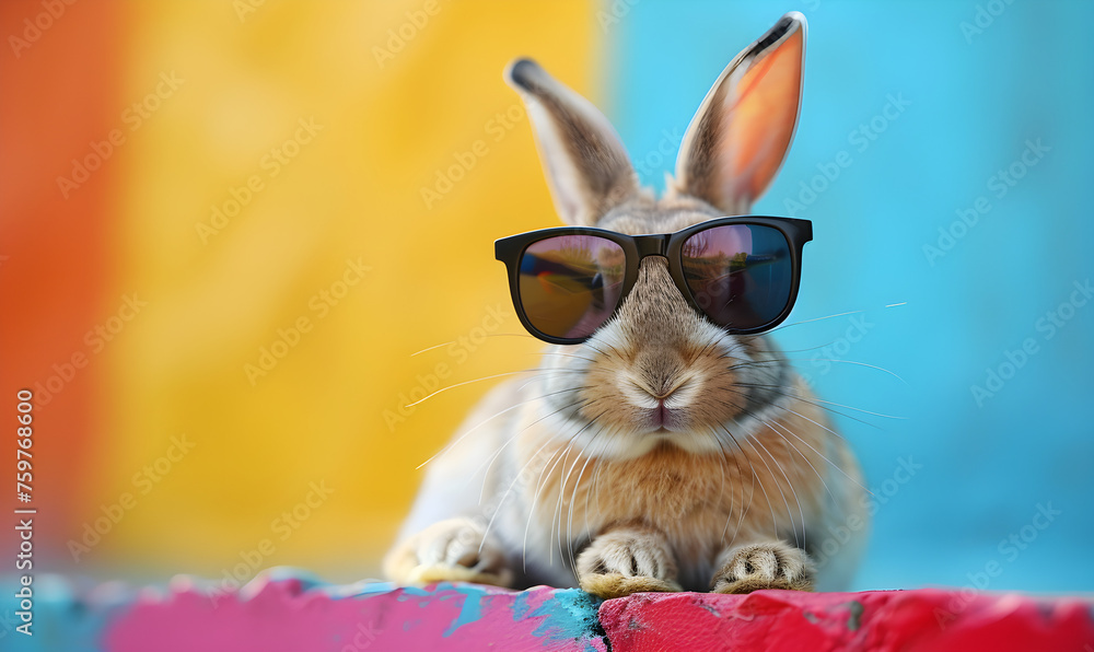 A cool bunny wearing sunglasses on a colorful background. Perfect for holiday celebrations and trendy fashion designs.