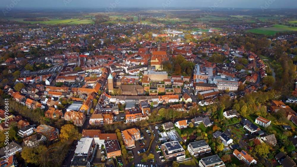 Aerial view of the old town Coesfeld in Germany on a sunny and wind noon in autumn	